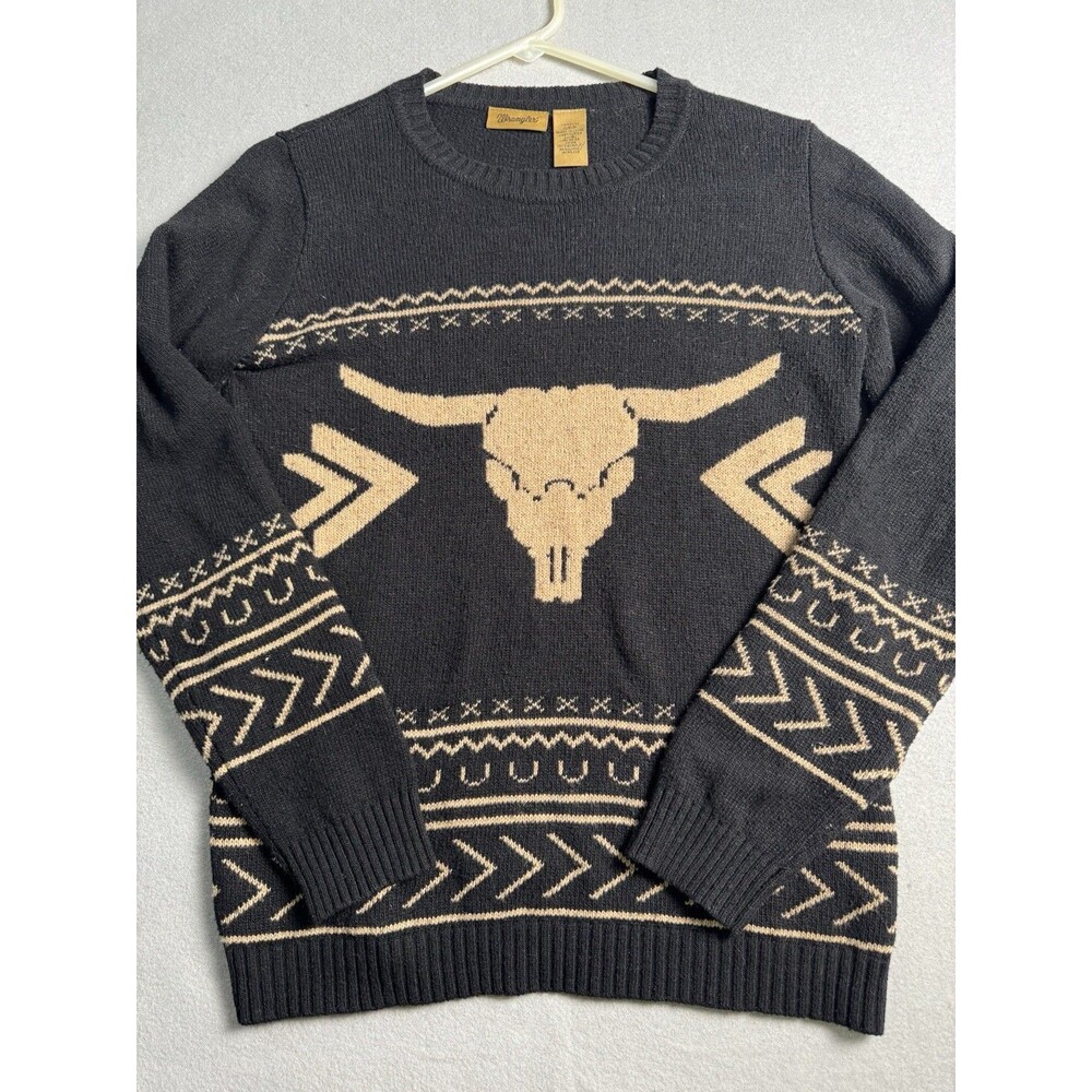 Wrangler Longhorn Skull Knit Sweater Medium M Black Beige Western Aztec Tribal